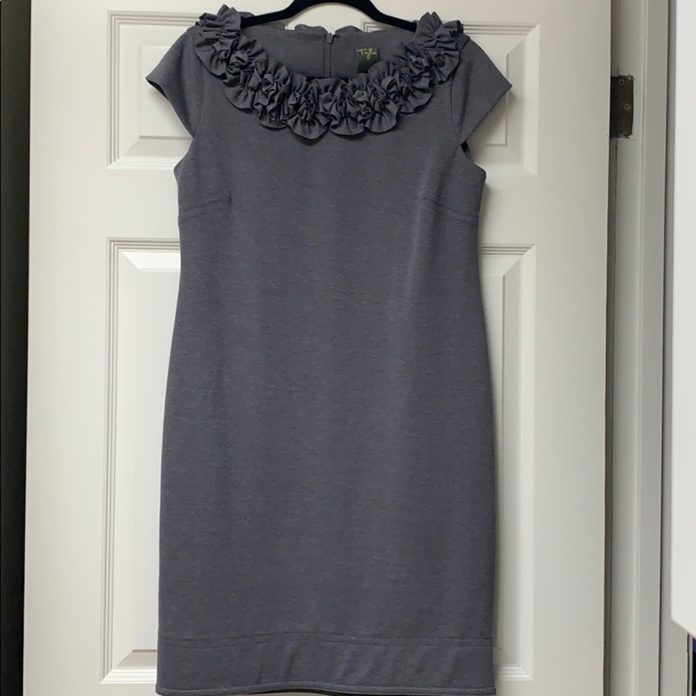 Taylor Grey Knit Dress Ruffle Neck Zip Back Dress
